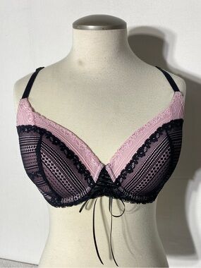 La Vie En Rose Pink & Black Lace Bra 34D Sexy Lingerie Bow Coquette